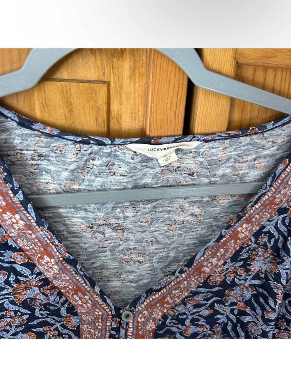 Lucky Brand Navy Floral Henley with Rust Trim - Picture 2 of 3